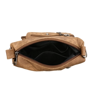 Brown canvas crossbody bag with multiple pockets and vintage minimalist style