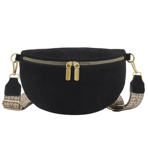 Black faux suede fanny pack with gold zippers and geometric woven adjustable strap