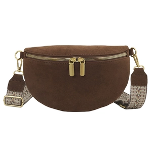Brown suede half-moon waist bag with adjustable geometric woven shoulder strap