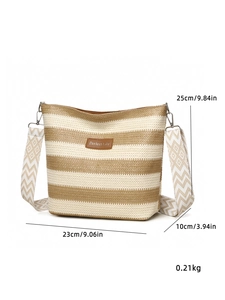 Detail of straw bucket bag with Perfect Lily logo and wide geometric woven strap