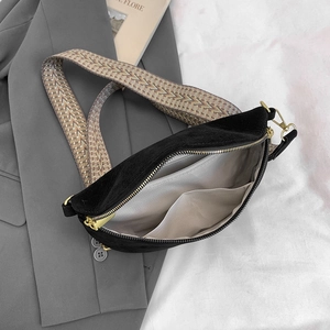 Minimalist black corduroy crossbody chest bag with wide herringbone strap and large capacity