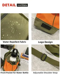 Close-up of waterproof nylon material and drawstring pocket on the color-block bag