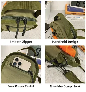 Detail view of military green nylon crossbody bag showing zippers and hand strap