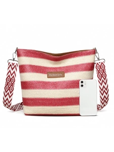 Detailed view of red and white striped woven tote bag with wide strap and smartphone scale