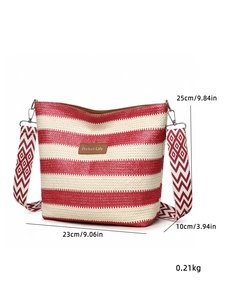 Detail view of red and white striped tote bag with dimensions and woven shoulder strap