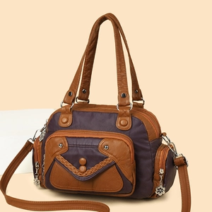 Retro purple and brown colorblock soft leather shoulder bag with multi-zipper compartments