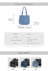 Detailed size chart and multi-color specifications of the denim tote bag with 32cm strap