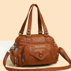 Brown soft leather tote bag with multiple pockets and vintage textured finish