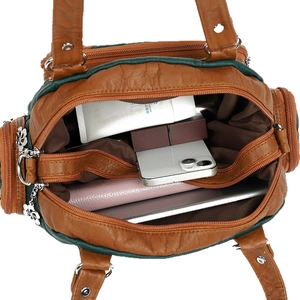 Large capacity vintage leather shoulder bag with color-block design and multi-pocket interior