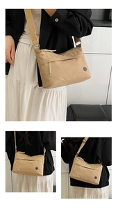 Detailed views of a khaki nylon crossbody bag with adjustable strap and multiple pockets