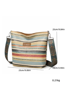 Detailed view of colorful straw crossbody bag with dimensions 23x10x25cm and woven texture