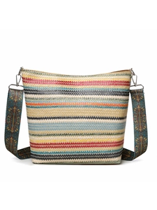 Detail of colorful woven tote bag with bohemian geometric pattern wide shoulder strap