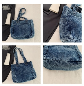 Detailed views of vintage blue denim tote bag with snowflake wash texture and pockets