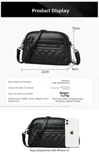 Detailed size comparison of black quilted crossbody bag showing dimensions 22x15x8cm