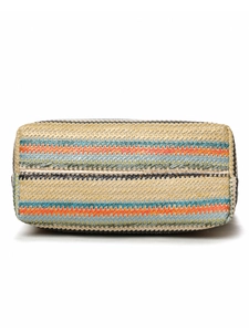 Detailed base view showing rectangular woven texture and colorful stripes of the tote bag