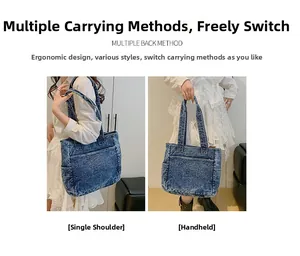 Blue denim tote bag showing both shoulder and hand-held carrying styles for daily commute