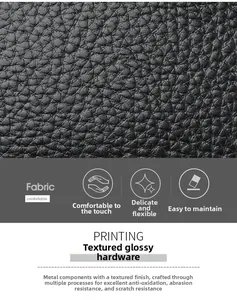 Close-up of black litchi pattern leather with scratch-resistant gold-tone hardware