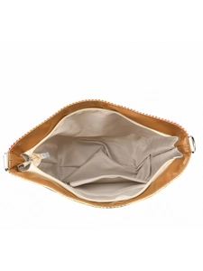 Top view of woven tote bag interior with beige lining and a practical zipper pocket