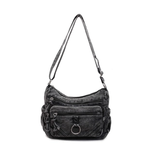 Sac bandoulière rétro en denim délavé avec poches multiples et bandoulière réglable