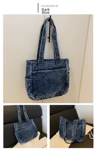 Macro shot of dark blue denim tote bag with snowflake wash texture and front pockets