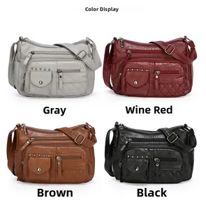 Détails de quatre coloris pour ce sac bandoulière multi-poches en cuir souple pour femme