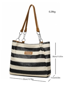 Detail view of woven tote bag showing 35cm x 30cm x 11cm dimensions and 0.29kg weight