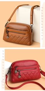 Detailed view of triple-zippered crossbody bags featuring quilted patterns and lychee texture