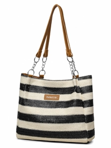 Detail of striped woven tote bag featuring brown PU straps and Perfect Lily brand tag