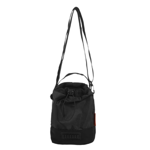 Compact black ripstop nylon water bottle crossbody bag with adjustable strap and drawstring