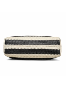 Detailed base view of striped straw tote bag showing high-quality woven texture
