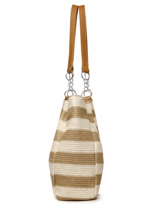 Detail of striped straw tote bag showing brown PU straps and metallic chain link