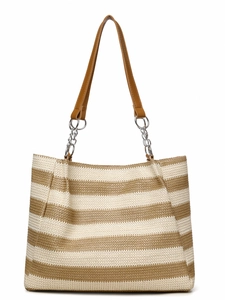 Detail of khaki striped straw tote bag showing brown leather strap and silver chain rings