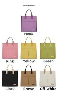 Detailed grid view of minimalist canvas tote bags in seven vibrant colors for office use