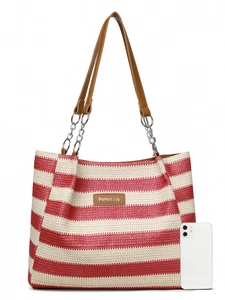 Detail of red and white striped straw tote bag with chain strap and phone size comparison
