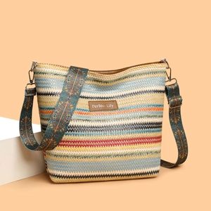 Woven Striped Crossbody Bag Bohemian Ethnic Wide Patterned Strap Large Capacity Casual Vacation Shoulder Bag For Women
