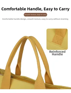 Detail view of reinforced yellow canvas handles with ergonomic thick round stitching