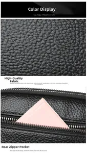 Detail view of premium black lychee texture leather with a functional back zipper pocket