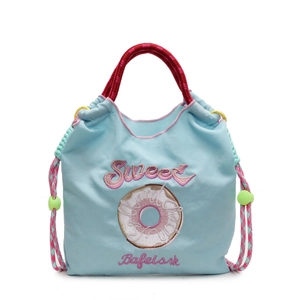 Sac à main bleu clair à cordon tendance avec broderie douce et poignées tissées rouges