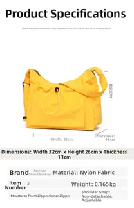 Detailed spec view of yellow nylon tote showing 32x26x11cm size and light 0.16kg weight