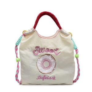 Sac fourre-tout en toile beige avec broderie rose et poignées en velours rose doux