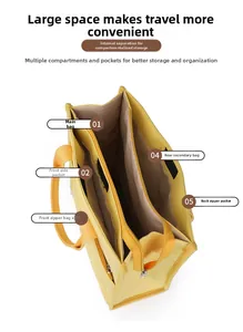 Detail view of yellow canvas tote bag with multi-compartment interior for organization