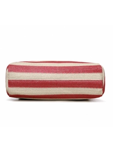 Macro detail of red and white striped woven texture on a large capacity tote bag