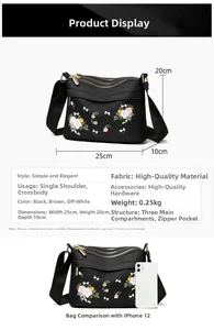 Detail view of black nylon shoulder bag with flower embroidery and triple main zipper layers