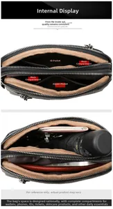 Detail view of the black leather bag multi-compartment interior and storage capacity