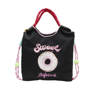 Sac fourre-tout noir tendance avec broderie donut et poignées tressées rouges