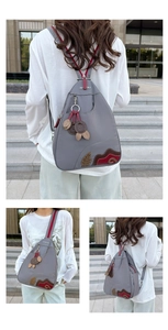 Detailed views of gray waterproof nylon sling bag with leaf embroidery and versatile straps