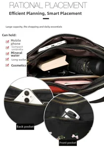 Close-up of black nylon shoulder bag showing spacious multi-layer compartments for daily items