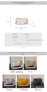 Detailed size guide and specifications for multi-compartment nylon crossbody bags in five colors