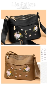 Close-up of nylon crossbody bags featuring floral embroidery and triple zipper compartments