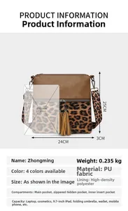 Détail du sac bandoulière léopard avec fermetures à franges et dimensions précises
